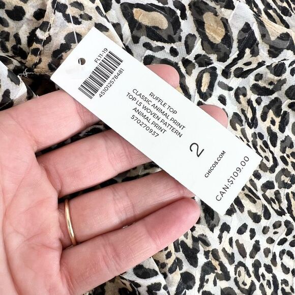Chico's Shirt Womens Large Ruffle Cheetah Woven Animal Print NEW Long Sleeve - Picture 6 of 9